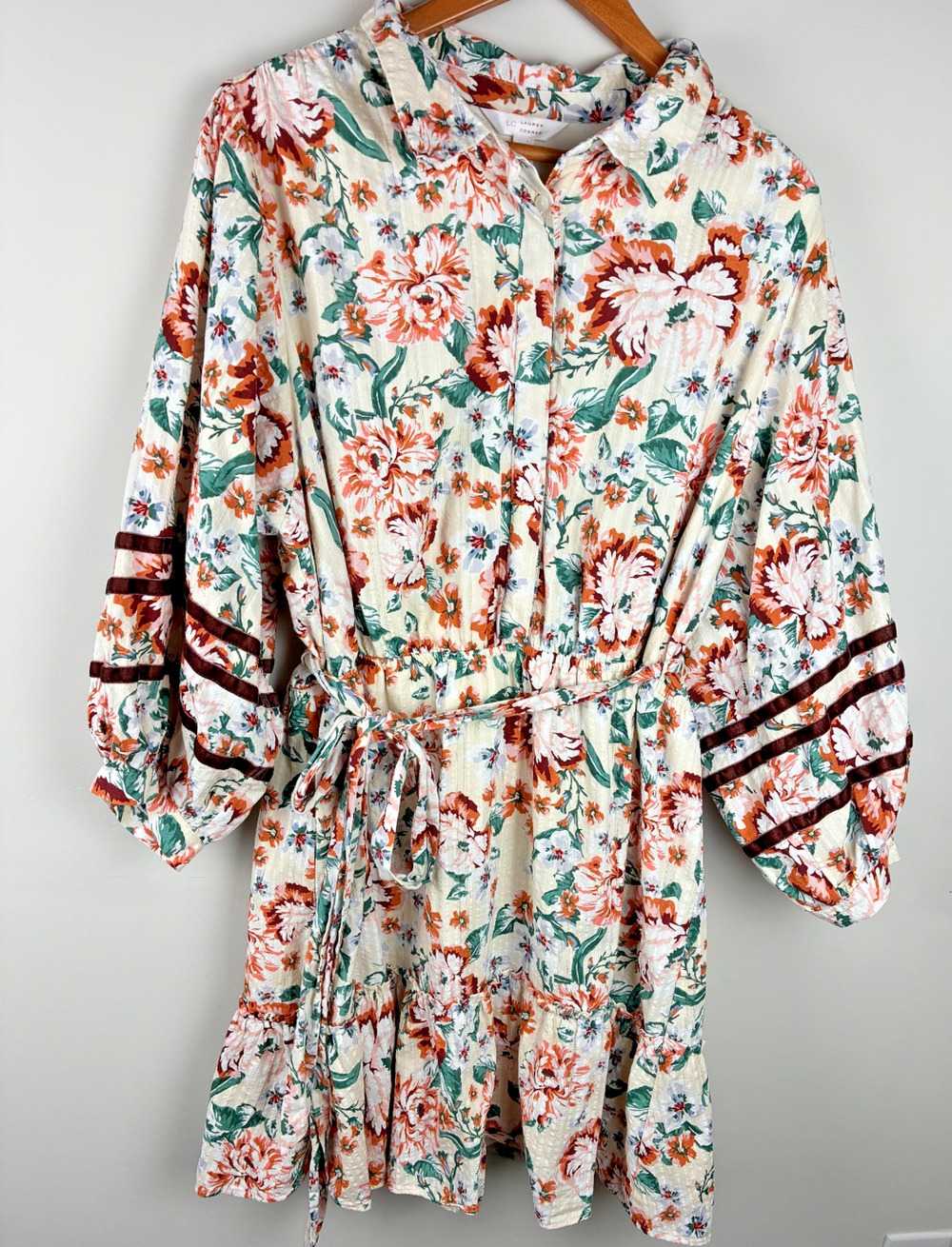 LC Lauren Conrad Cream Floral Midi Dress with Rust and Green Accents